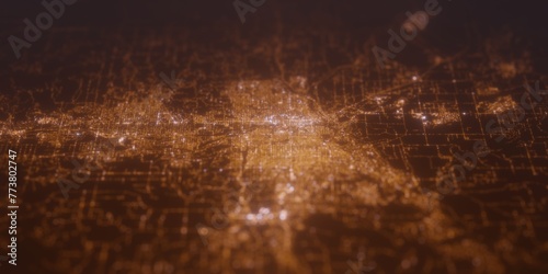 Street lights map of Spokane (Washington, USA) with tilt-shift effect, view from north. Imitation of macro shot with blurred background. 3d render, selective focus