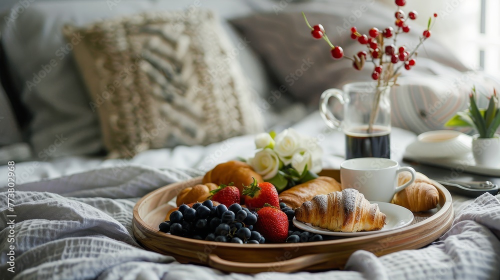 Breakfast in Bed Detailed photographs of breakfast trays and morning essentials delivered to enjoy a cozy breakfast in bed experience  AI generated illustration