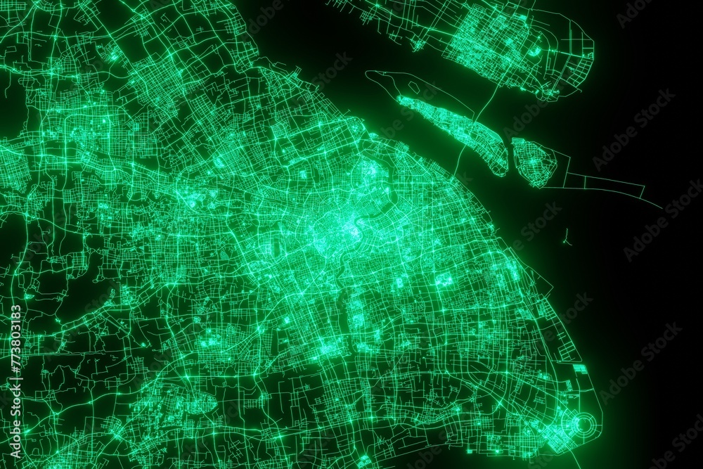 Map of the streets of Shanghai (China) made with green illumination and glow effect. Top view on roads network. 3d render, illustration - obrazy, fototapety, plakaty 