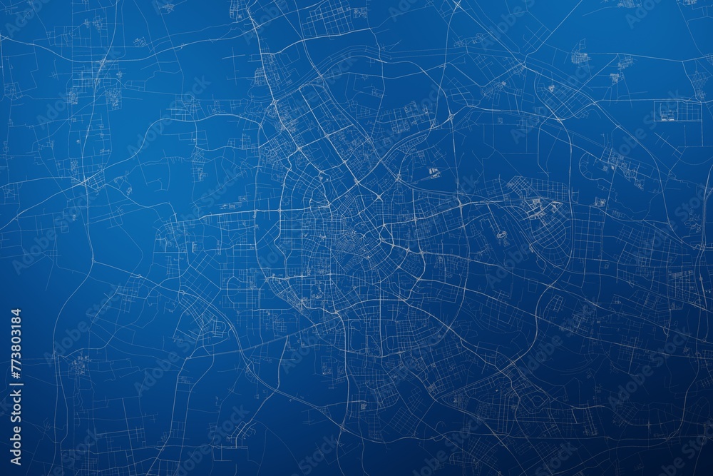 Stylized map of the streets of Tianjin (China) made with white lines on abstract blue background lit by two lights. Top view. 3d render, illustration - obrazy, fototapety, plakaty 