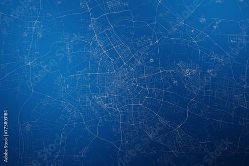 Stylized map of the streets of Tianjin (China) made with white lines on abstract blue background lit by two lights. Top view. 3d render, illustration photo