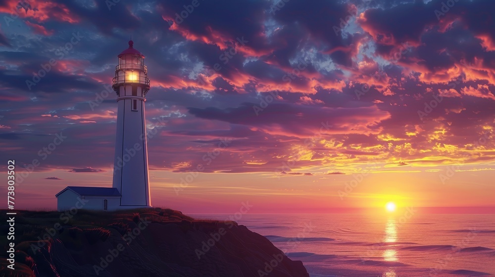 Coastal Lighthouse A scenic shot of a coastal lighthouse against a colorful sunset sky offering a serene backdrop for adding text  AI generated illustration