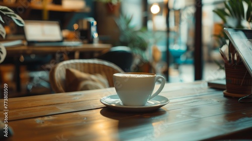 Coffee Shop Vibes Cinematic shots evoking the ambiance of a coffee shop in the home office with aromatic brews cozy seating AI generated illustration