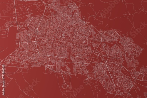 Map of the streets of Tabriz (Iran) made with white lines on red background. Top view. 3d render, illustration