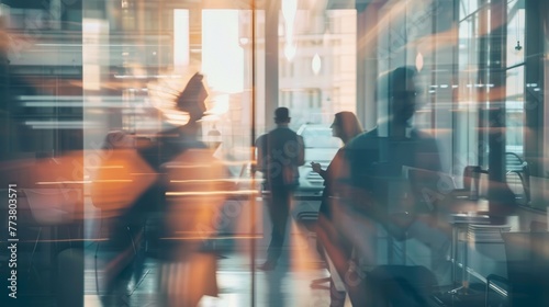Colleagues huddle in a blurred state surrounded by office architecture  AI generated illustration