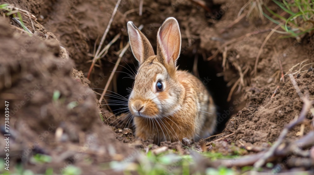 Curious bunny emerging from a cozy burrow  raw AI generated illustration