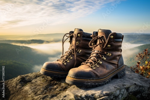 a pair of boots on a rock photo