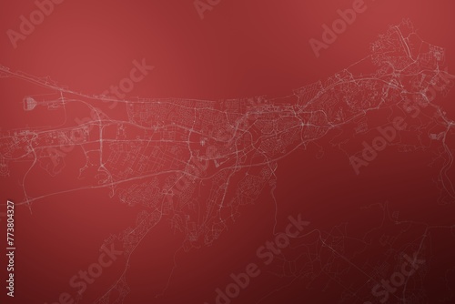 Map of the streets of Mascat (Oman) made with white lines on abstract red background lit by two lights. Top view. 3d render, illustration photo