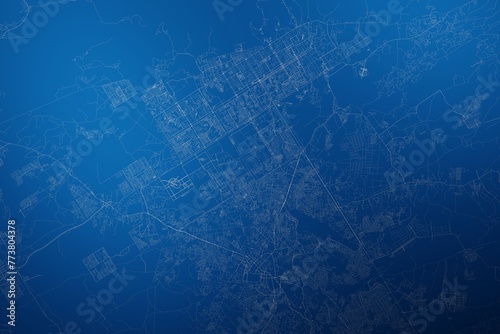 Stylized map of the streets of Islamabad (Pakistan) made with white lines on abstract blue background lit by two lights. Top view. 3d render, illustration photo