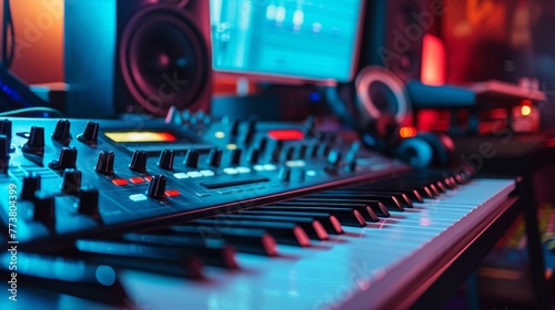 Detailed view of music studio equipment with vibrant LED lights on a synthesizer and sound mixer.