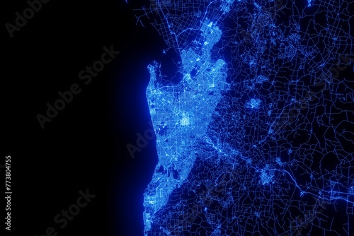 Street map of Adelaide (Australia) made with blue illumination and glow effect. Top view on roads network