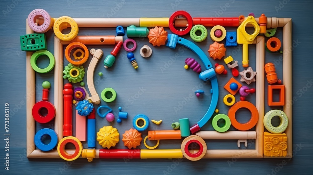 Obraz premium Baby kids toys frame on background, Toy many colorful educational wooden. play, Top view, executive function, kid, skill, education, intelligence quotient, emotional quotient, childhood, development