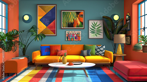 A vibrant, eclectic living room with mid-century design cues photo