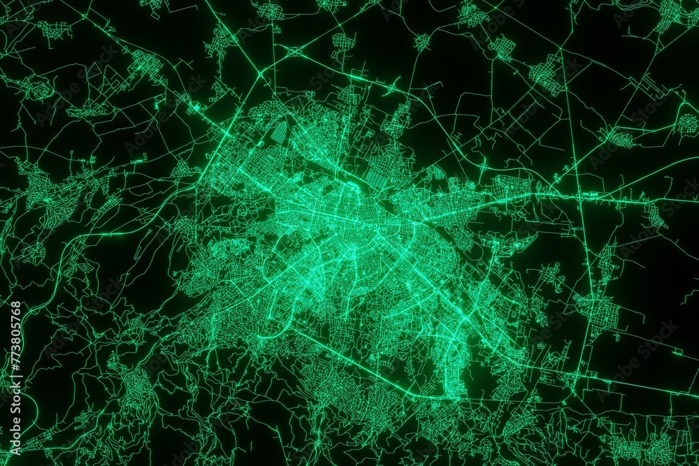 Map of the streets of Sofia (Bulgaria) made with green illumination and glow effect. Top view on roads network. 3d render, illustration - obrazy, fototapety, plakaty 