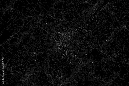 Stylized map of the streets of Liege (Belgium) made with white lines on black background. Top view. 3d render, illustration photo