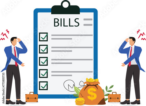 Debt crisis, bankruptcy or financial problems, frustrated businessmen unable to pay bills, loans or debts, isometric businessmen with their hands on their heads looking at bills in despair