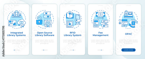 Digital library blue onboarding mobile app screen. Walkthrough 5 steps editable graphic instructions with linear concepts. UI, UX, GUI template. Montserrat Semibold, Regular fonts used