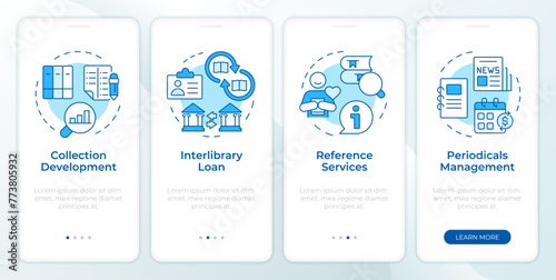 Interlibrary operations blue onboarding mobile app screen. Walkthrough 4 steps editable graphic instructions with linear concepts. UI, UX, GUI template. Montserrat Semibold, Regular fonts used