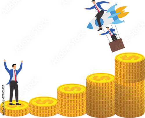 Start-up, increased sales or business profits, money, return on investment, increased wealth, isometric start-up rockets lead businessmen standing on the gold pile to take off