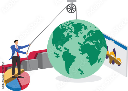 Global business, global economic development and strategy, isometric businessmen using leverage to pry the earth