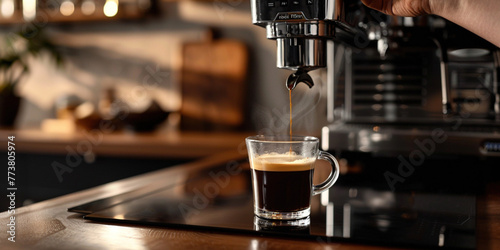 Professional coffee brewing. Business man or barista brewing espresso coffee beverage in cup using coffeemaker. Close up view. Espresso pouring from coffee machine.