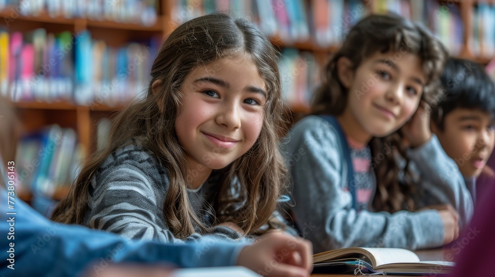 Young girl with a curious expression participating in a library reading group
Young girl with a curious expression participating in a library reading group