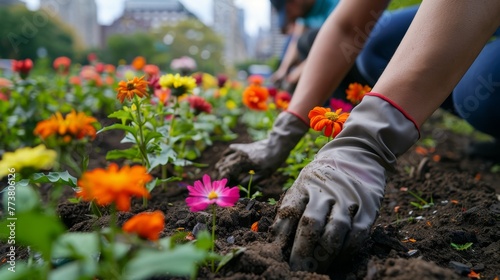 Volunteers Gardening Together Planting Colorful Flowers in Public Space 
