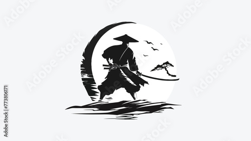 Japanese samurai logo black and white hand drawn illus