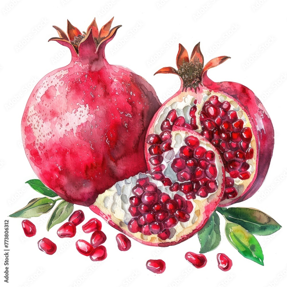 Detailed watercolor of a whole and cut pomegranate with scattered seeds Detailed watercolor of a whole and cut pomegranate with scattered seeds
