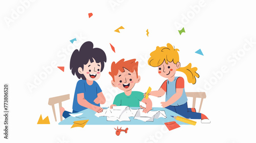 little kid cut paper for art with friend flat vector isolated