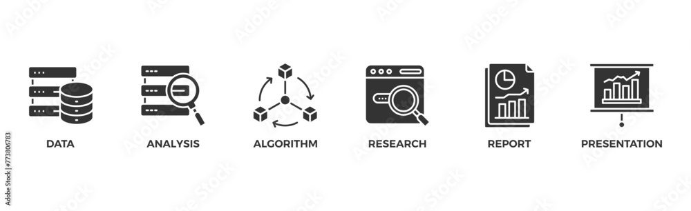 Data scientist banner web icon vector illustration concept with icon of data, analysis, algorithm, research, report, presentation	
