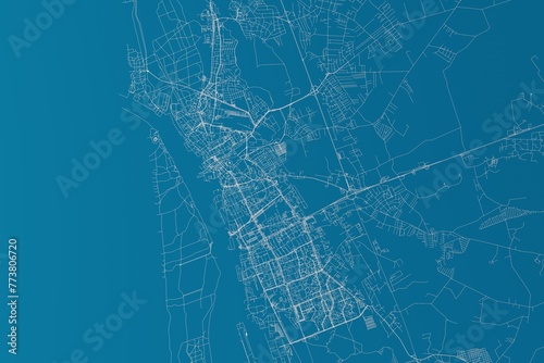 Map of the streets of Klaipeda (Lithuania) made with white lines on blue background. 3d render, illustration