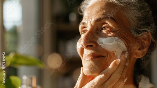 Elderly Woman with Sunlight Applying Facial Cream