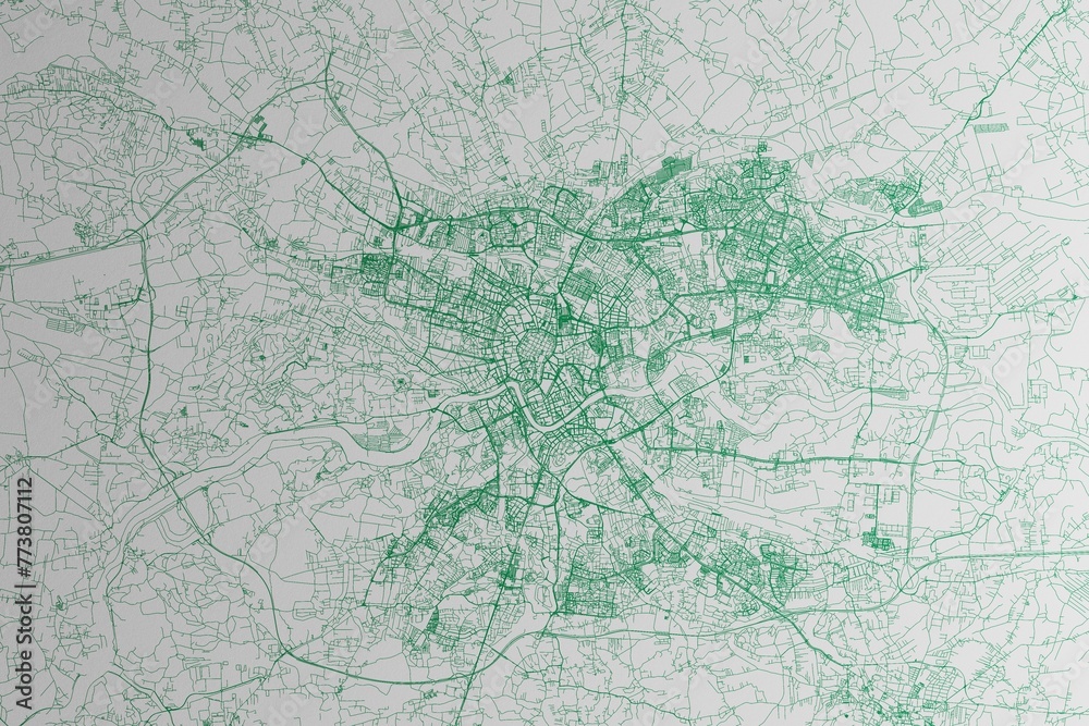 Map of the streets of Krakow (Poland) made with green lines on white paper. 3d render, illustration