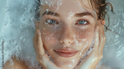 Refreshed Young Woman with Water Bubbles on Face