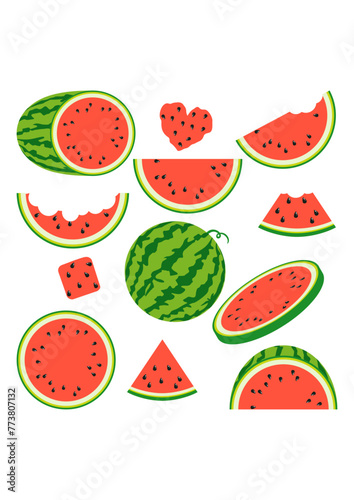 Fototapeta Naklejka Na Ścianę i Meble -  Set digital collage of fresh summer watermelon