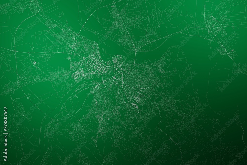 Map of the streets of Belgrade (Serbia) made with white lines on abstract green background lit by two lights. Top view. 3d render, illustration