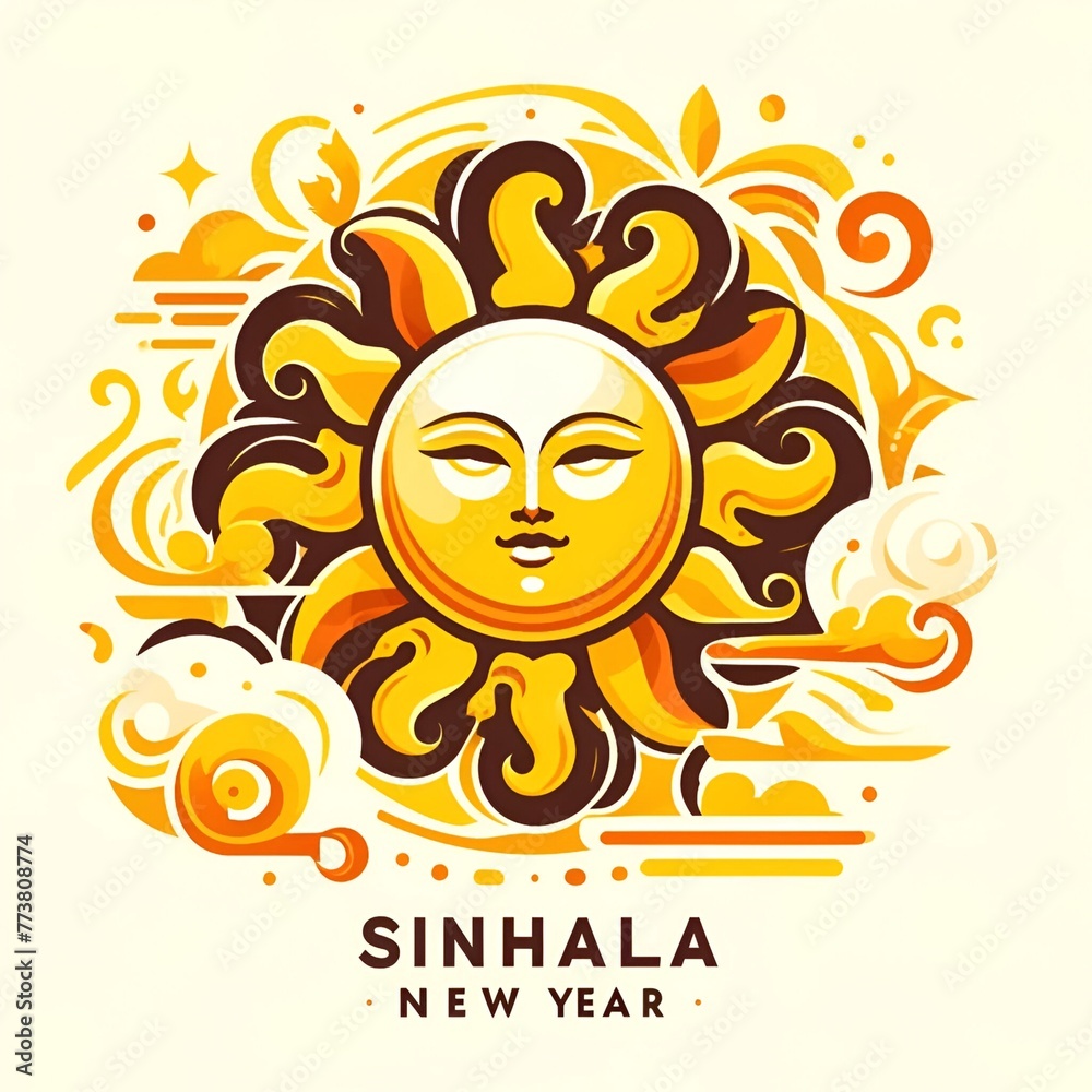 Illustration of a stylized sun with a face to celebrate the sinhala new year.
 - obrazy, fototapety, plakaty 