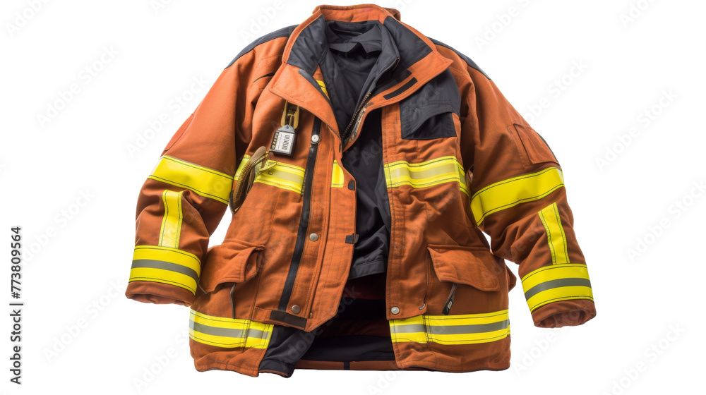 A firemans jacket displayed on a white background A firemans jacket displayed on a white background
