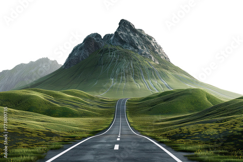 3D of road going up to the top of green mountain forest landscape, isolated on white background, png