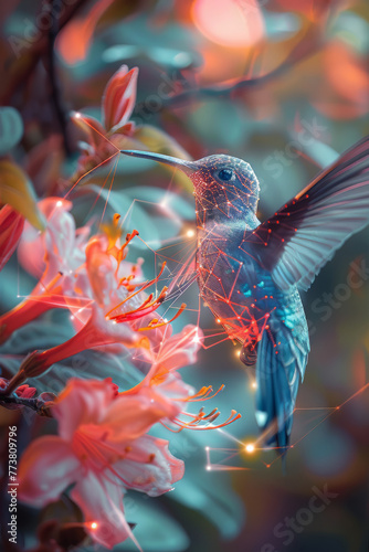 A geometric hummingbird hovering near a realistic flower, its body a flurry of colorful shapes and l