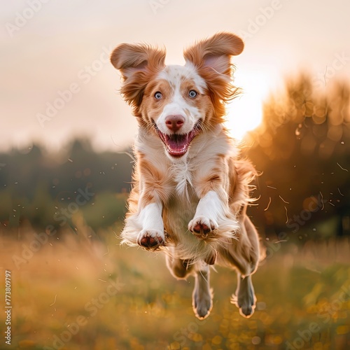 A Canidae companion dog breed jumping in the air with its mouth open photo