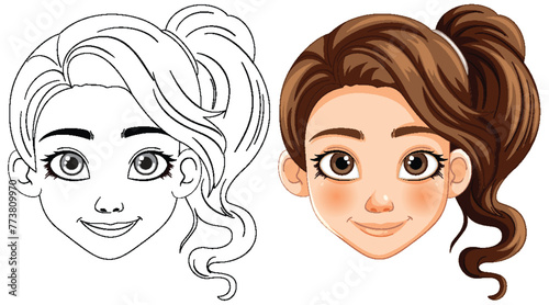 Vector illustration of a girl, black and white to color
