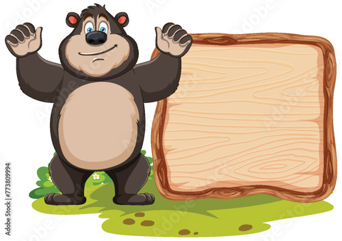 Cartoon bear standing next to a signboard.
