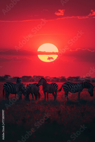 A realistic savannah sunset with a silhouette of geometric zebras grazing, their stripes transformin