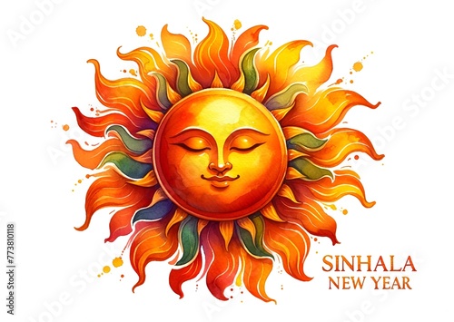 Watercolor style illustration of a stylized sun with a calm face to celebrate the sinhala new year. photo