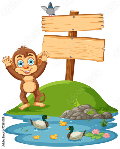 Happy monkey with ducks and signpost illustration