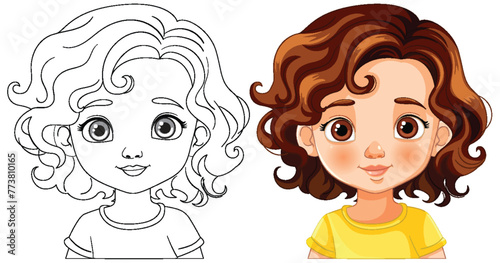 Black and white and colored vector illustrations of a girl