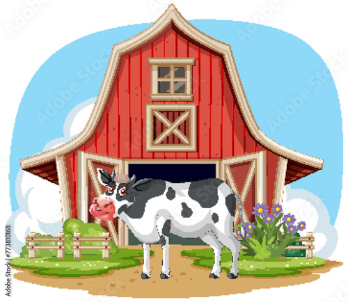 Vector illustration of a cow outside a red barn.