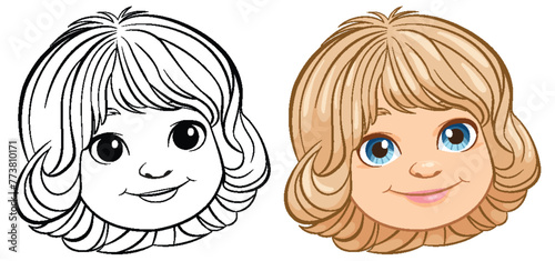 Vector illustration of a girl's face, colored and outlined.